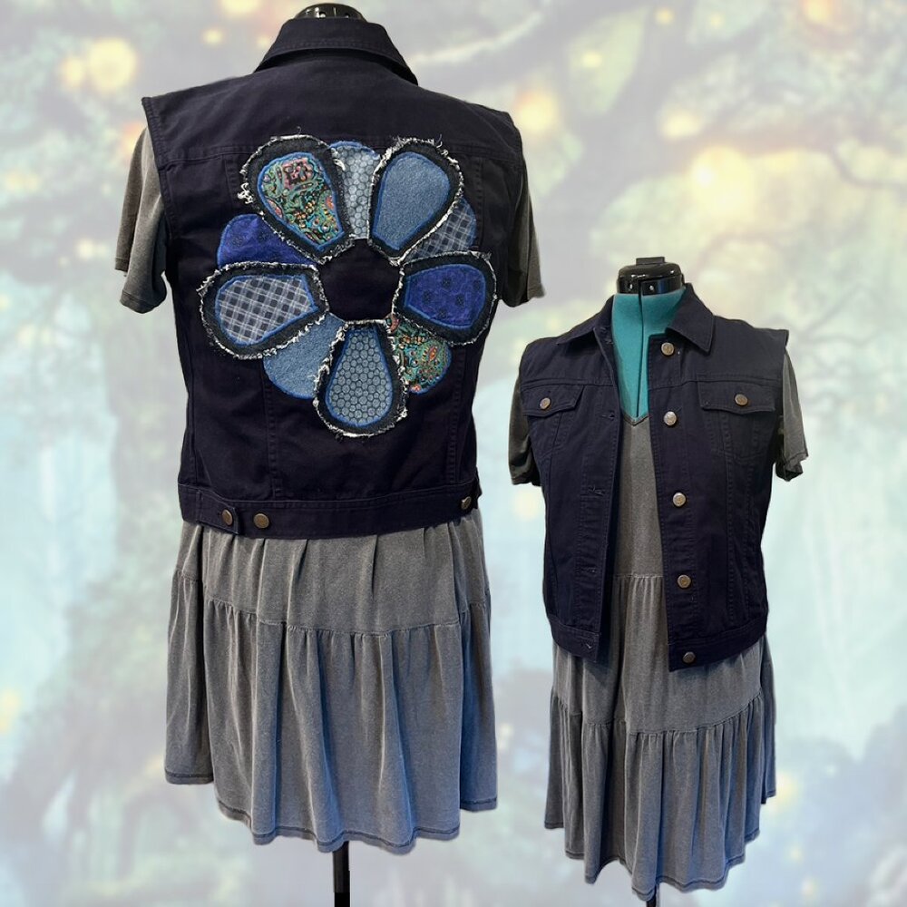 Upcycled Ralph Lauren Sleeveless Denim Vest – Patchwork Flower Jacket, Size S